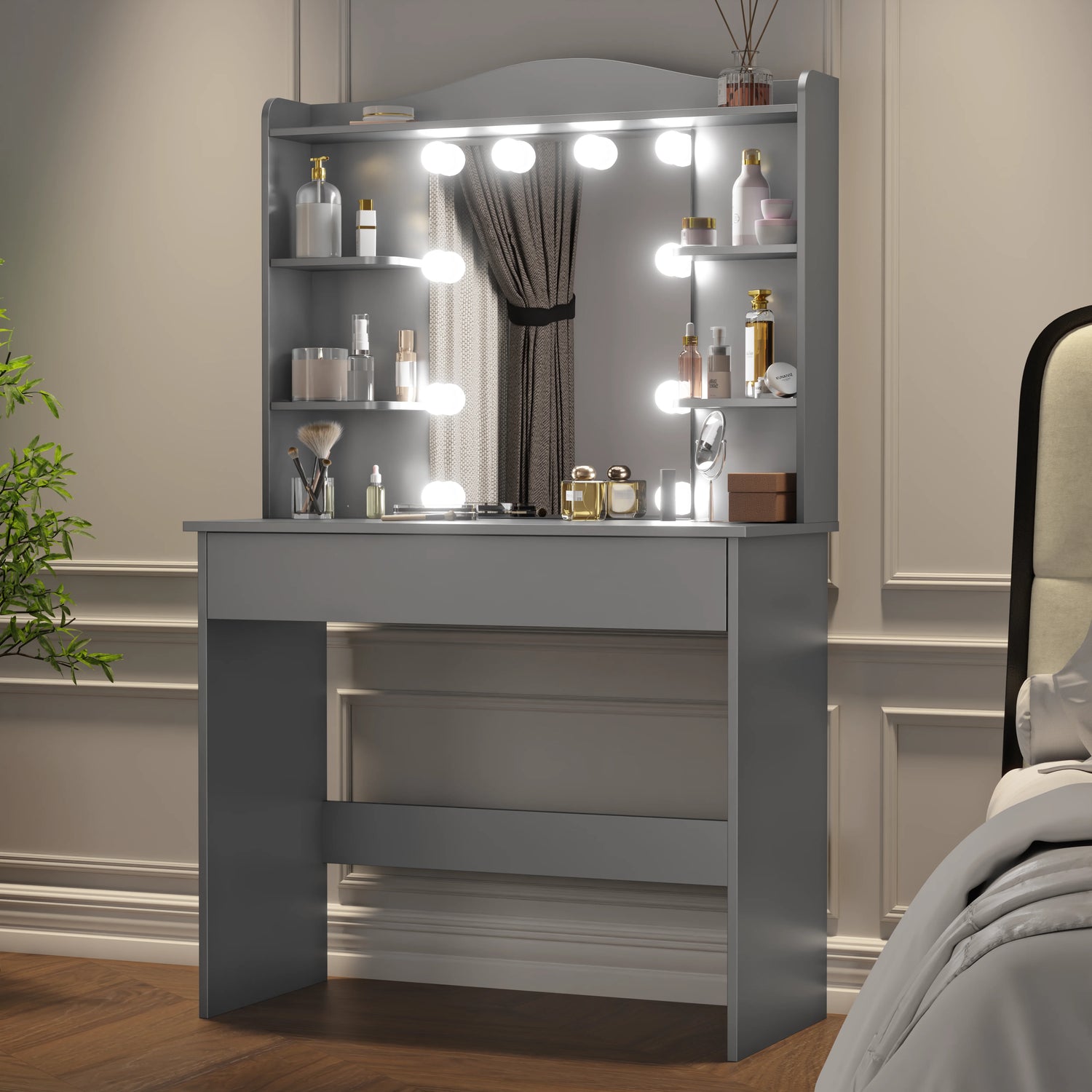 Grey dressing table with mirror and LED lights, featuring 5 side shelves and 1 large drawer, ideal for bedroom vanity setups. DHS makeup vanity desk with adjustable lighting.