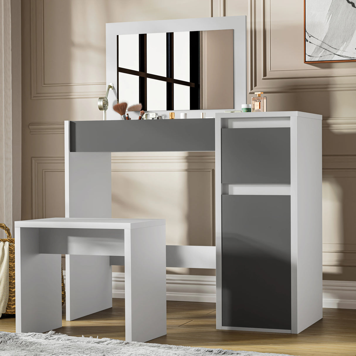 Modern makeup dressing table with flip-up mirror, storage sections, and matching stool in white and grey finish for bedroom vanity setup.