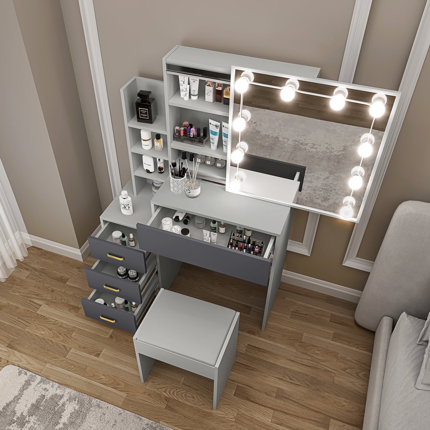 Gray vanity table with mirror and lights in a room setting
