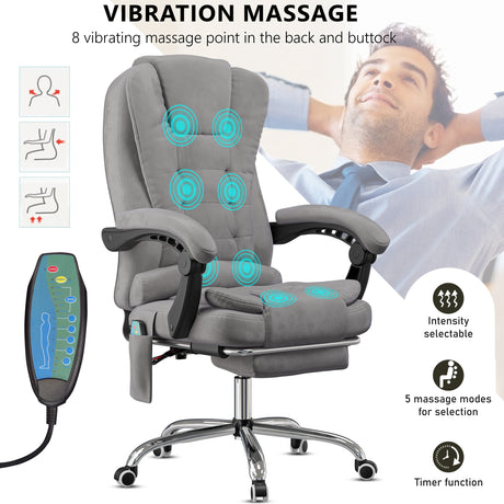 massage office chair in grey velvet with massage points marked and remote control shown in close-up