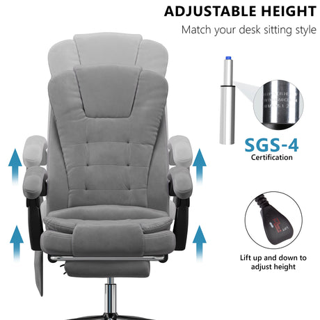 grey velvet vibrating desk chair with arrows indicating seat movement and close-up of piston height adjuster