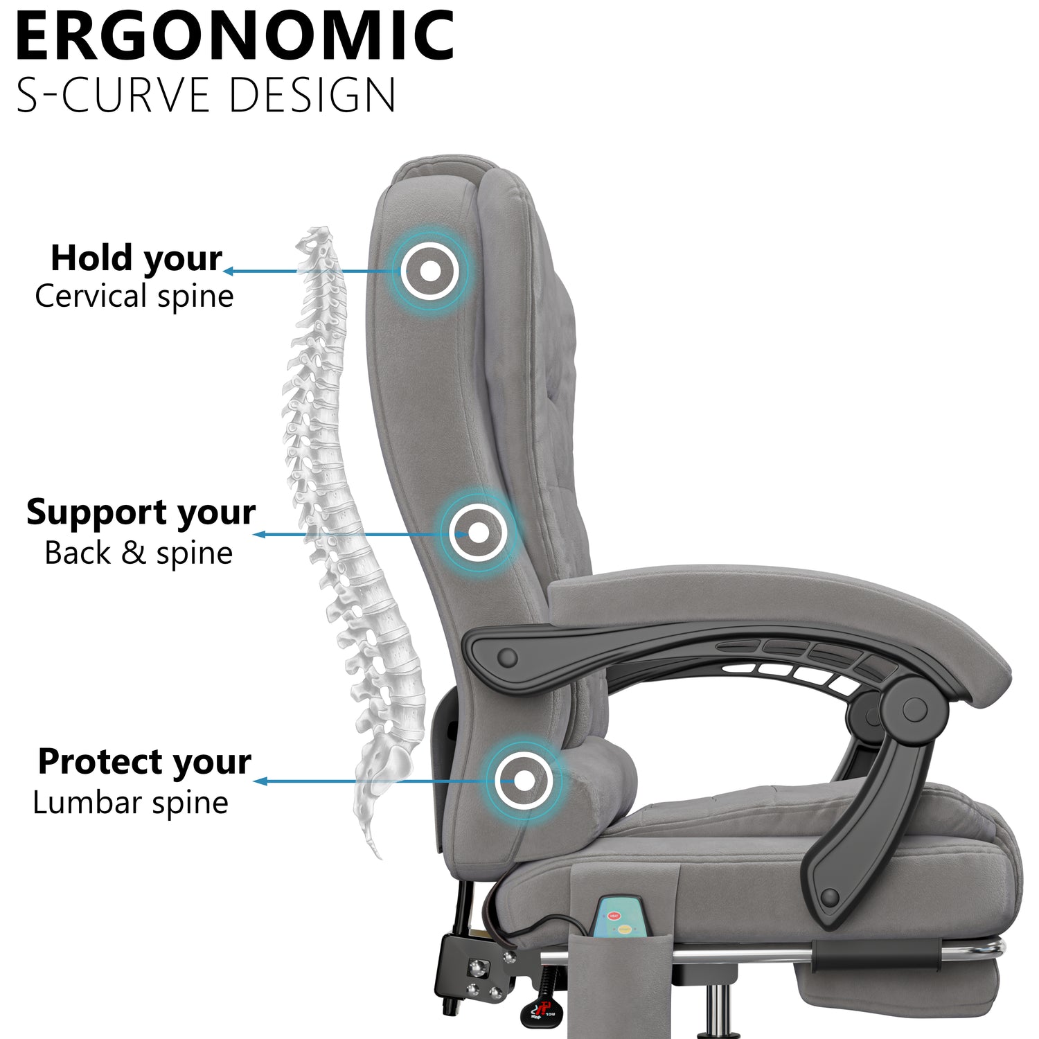 ergonomic desk chair in grey velvet showing S-curve lumbar design for posture correction and spine support