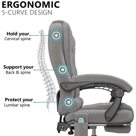 ergonomic desk chair in grey velvet showing S-curve lumbar design for posture correction and spine support