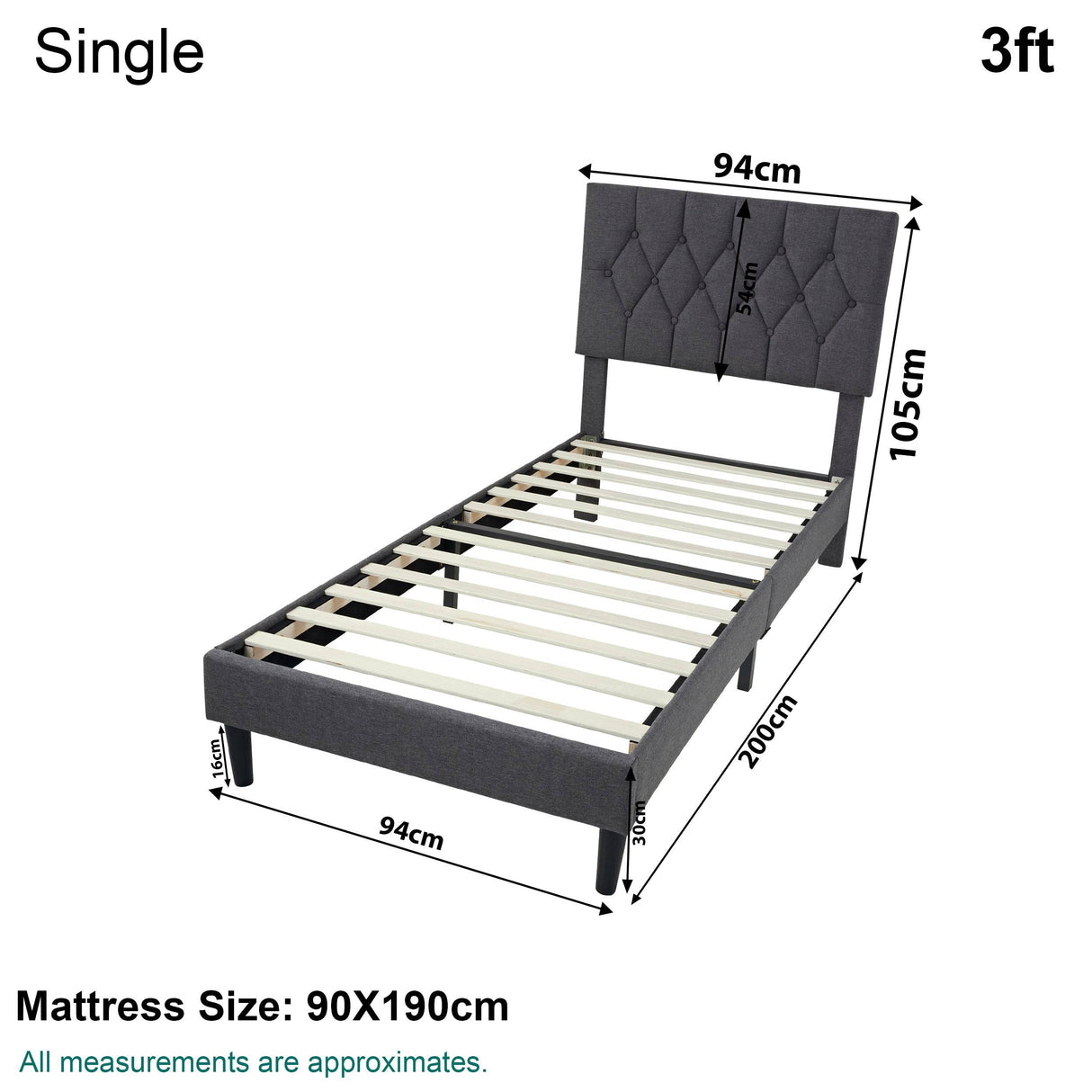 Single size Linen Grey Bed Frame With Adjustable Headboard with dimensions labeled, suitable for 90x190cm mattress.