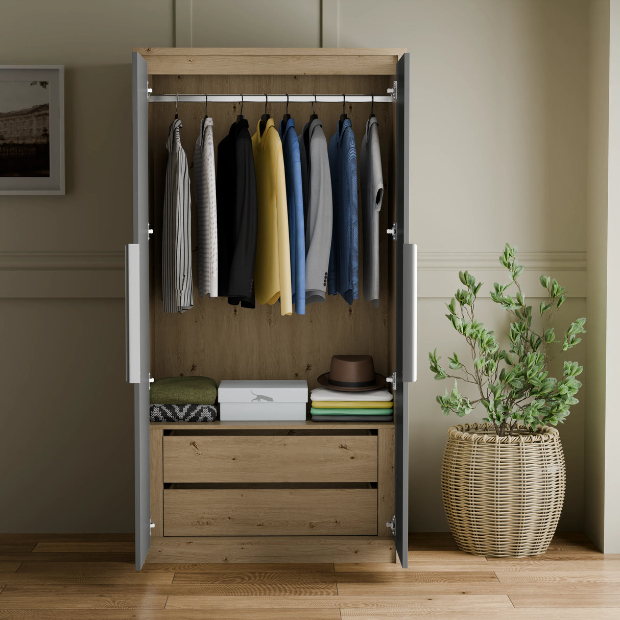 Wooden wardrobe with clothes and storage drawers in a room with a plant.