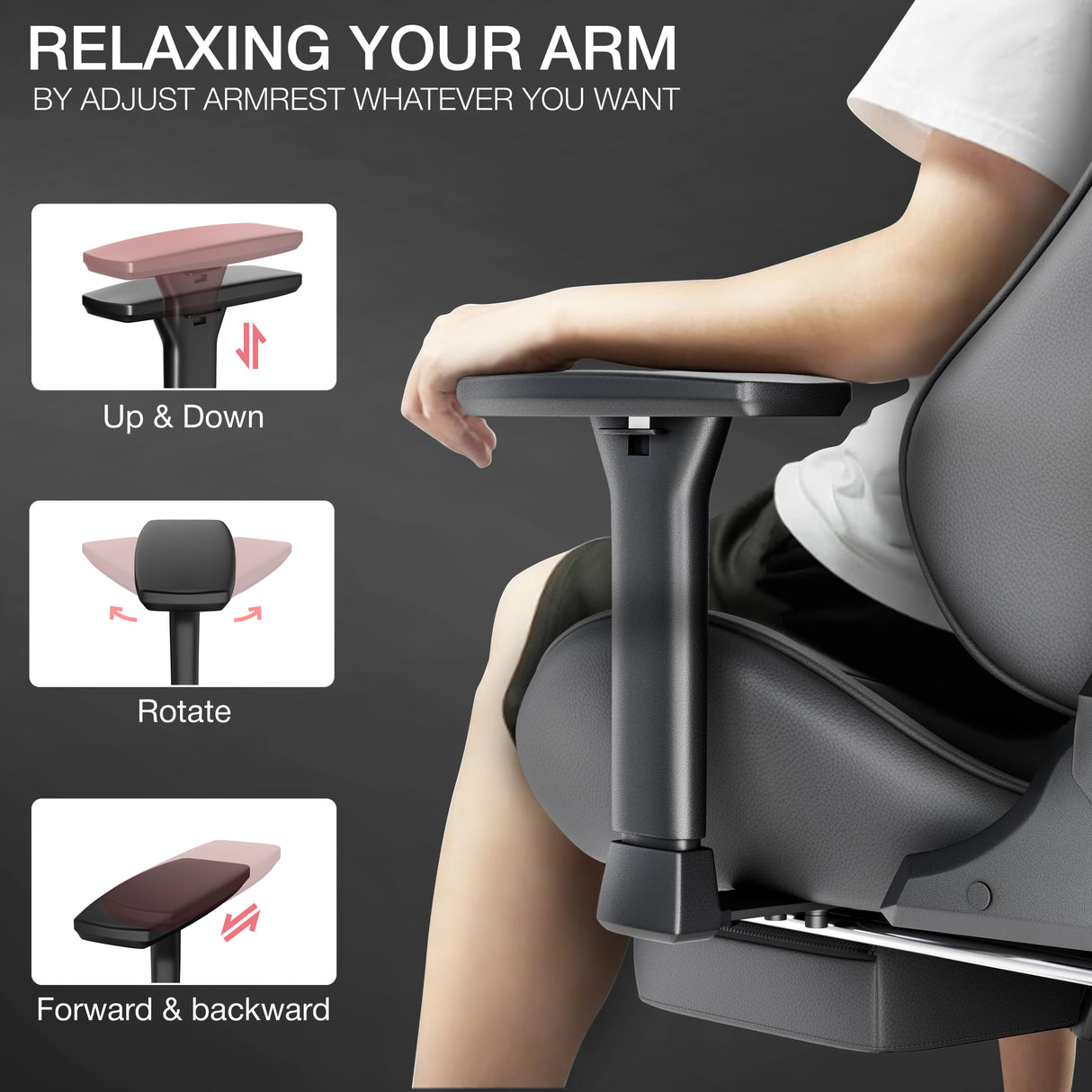 Most Comfortable Office Gaming Chair with Footrest Xstriker featuring adjustable armrests with up/down, rotate, and forward/backward functions for ergonomic support.