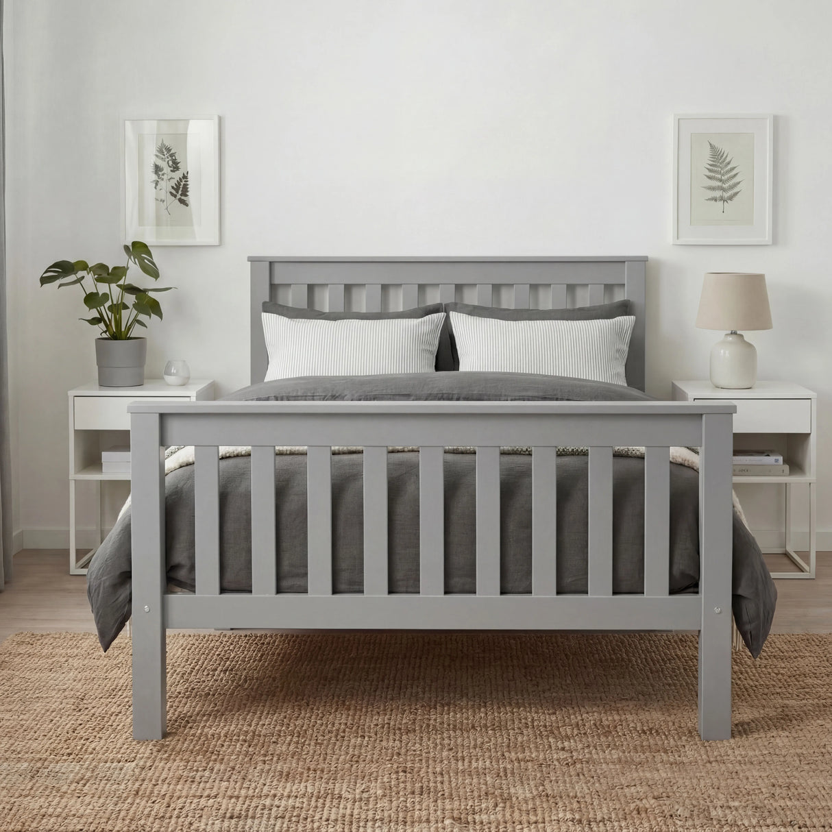 Single wooden bed frame in grey with a slatted design and clean lines, offering a stylish and comfortable addition to any bedroom