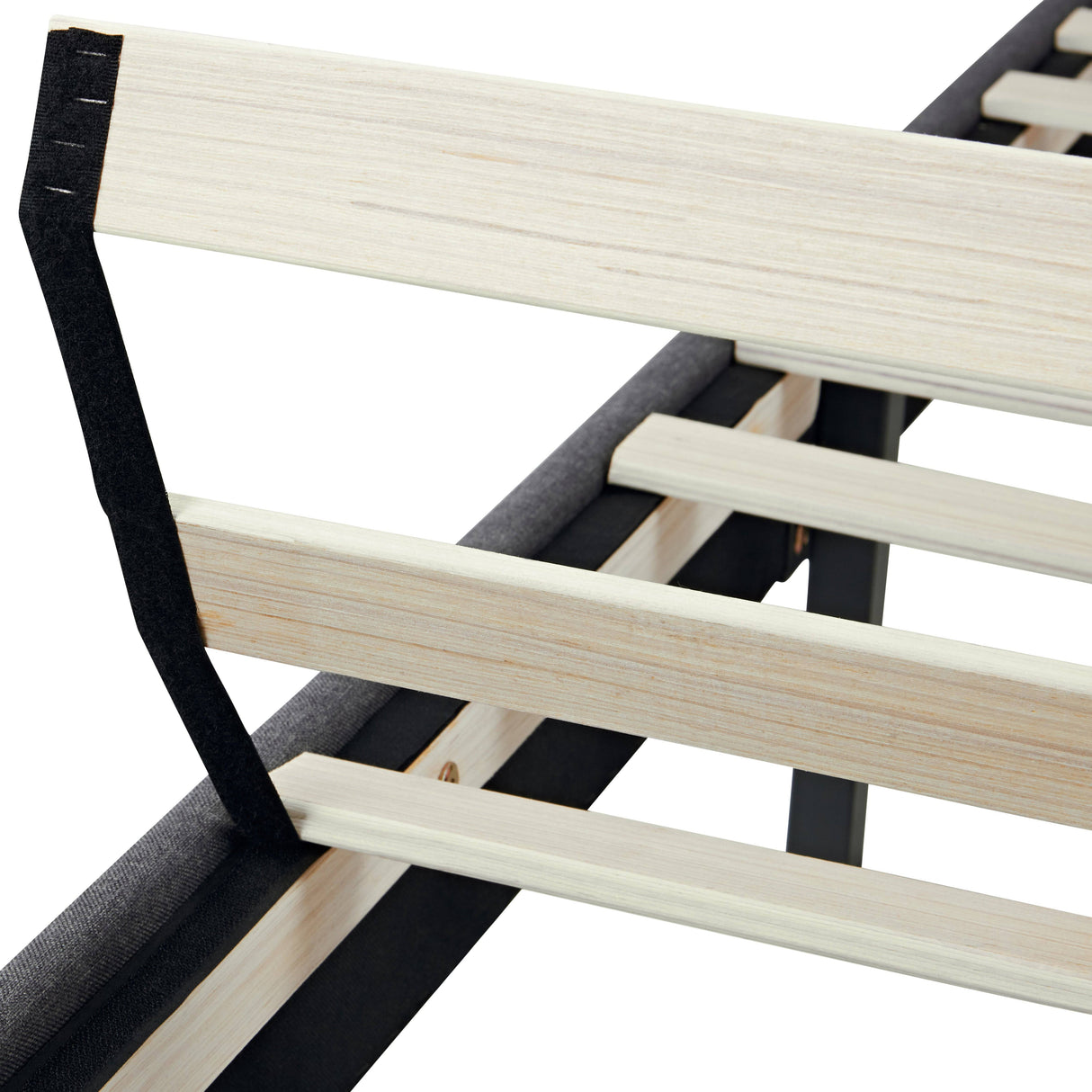 Detail of wooden slats and support straps on the Linen Grey Bed Frame, designed for mattress stability and durability.