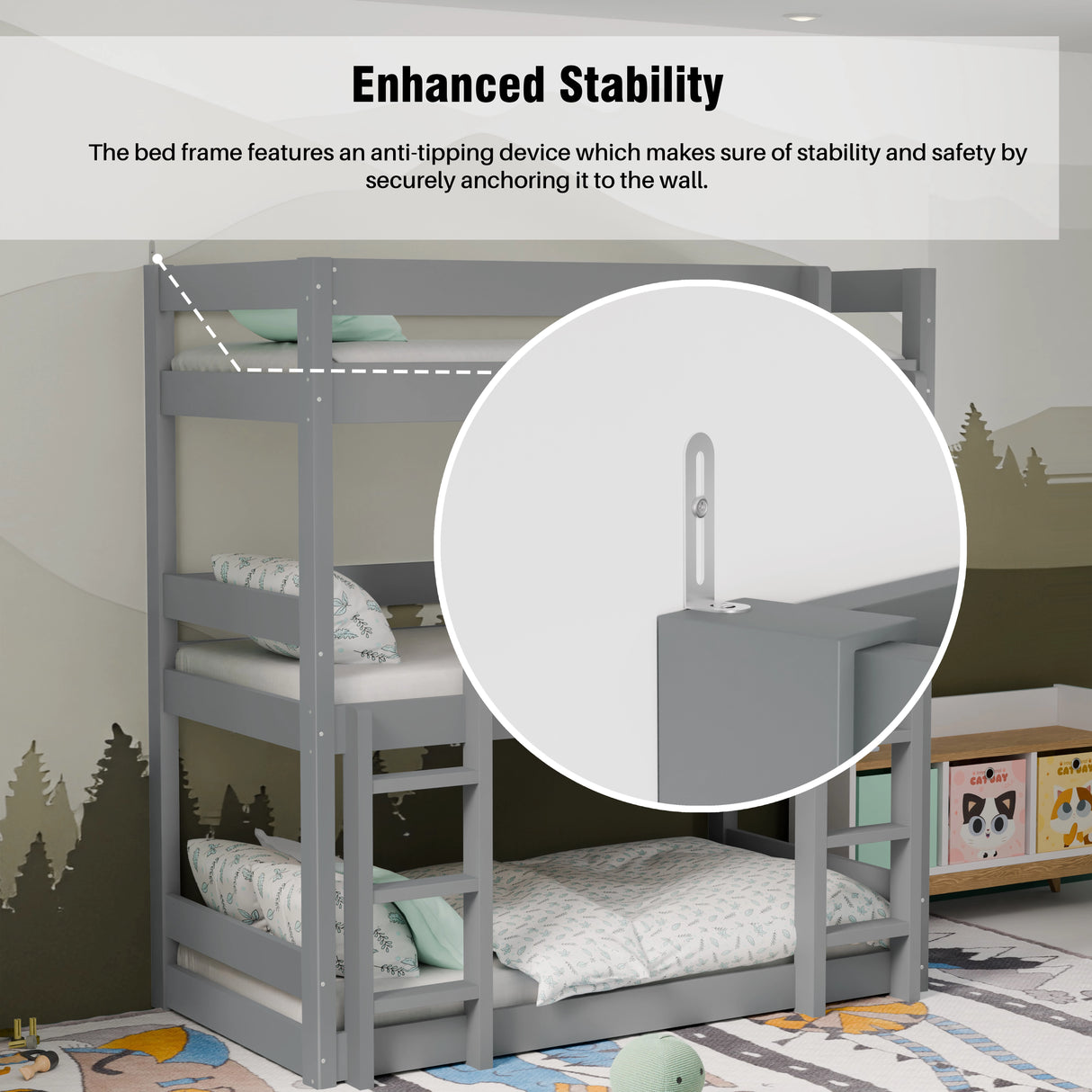 grey bunk bed in a room setting with the anti-tipping device feature clearly highlighted for safety