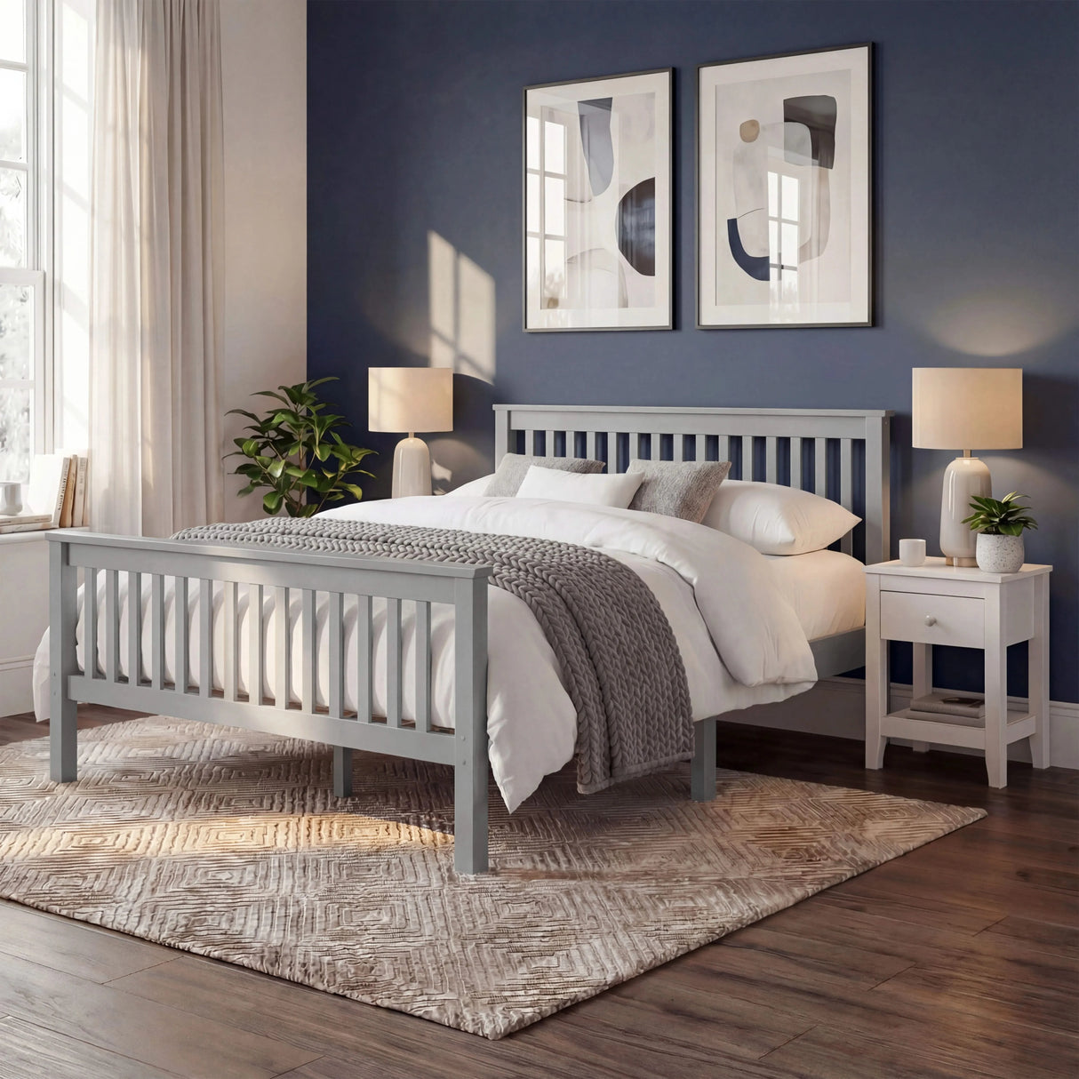 Grey double bed frame in solid wood, positioned centrally with bedding and matching bedside furniture in a bedroom layout
