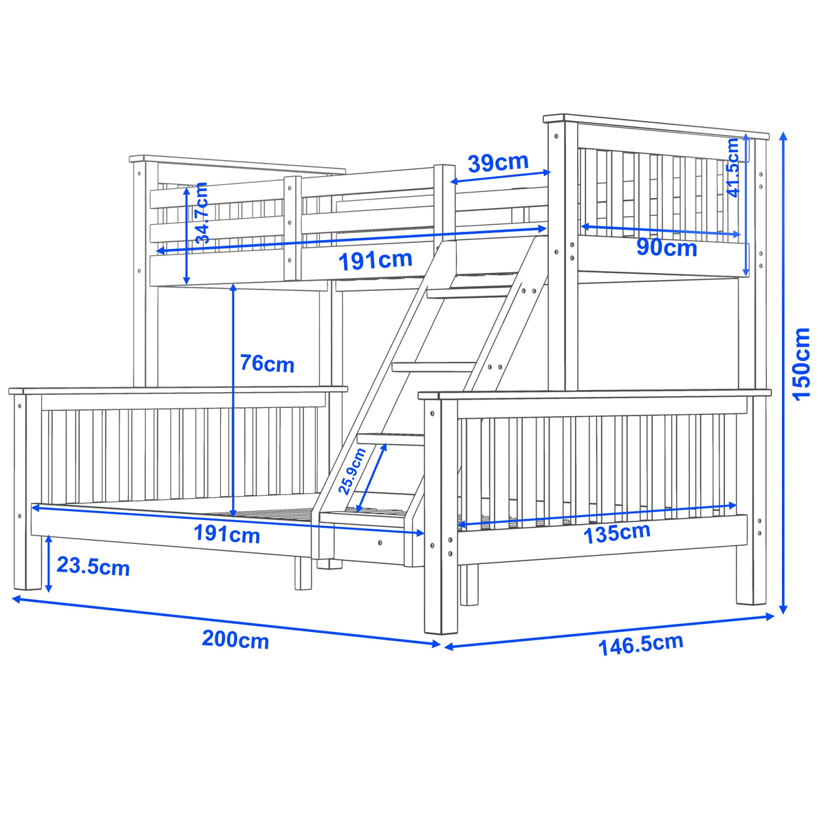 technical drawing of a wooden bunk bed showing 200 cm length, 146.5 cm width, 150 cm height, and 76 cm space between bunks