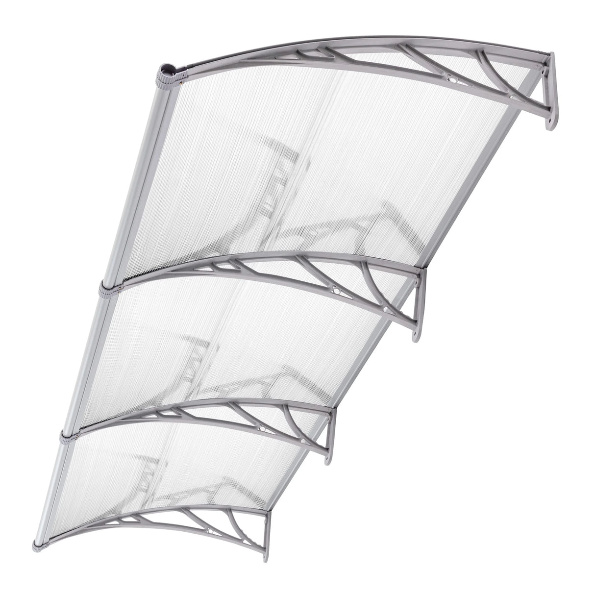 Three-section curved awning with transparent panels and grey support brackets, ideal for modern front door weather coverage.