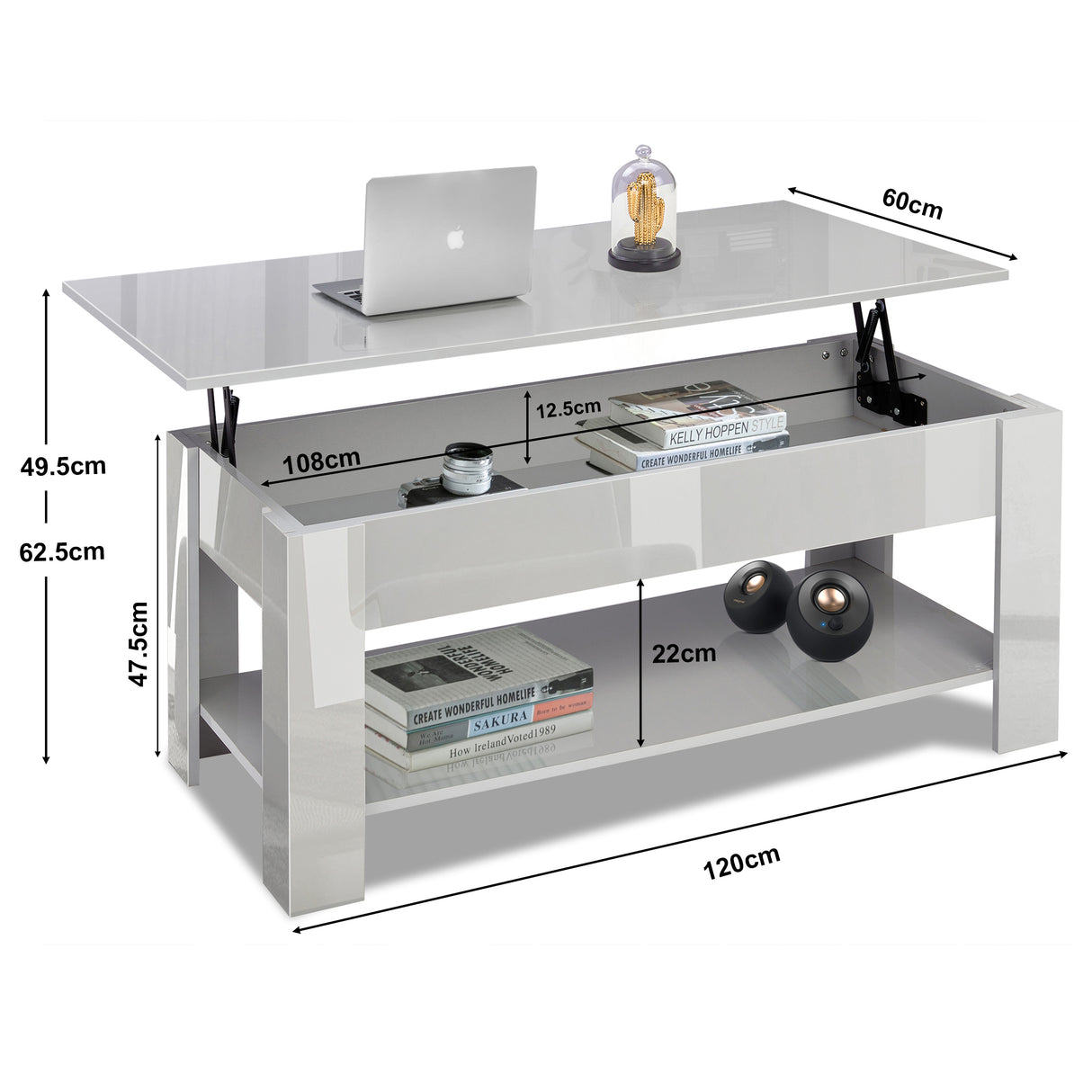 High gloss lift top coffee table with hidden storage shelf, featuring adjustable tabletop and lower open shelf, ideal for modern UK living rooms.
