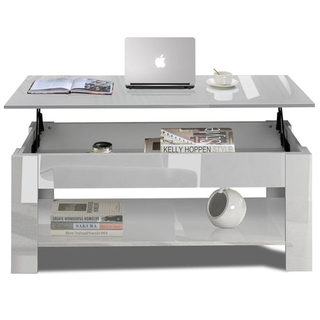 High gloss lift top coffee table with hidden storage shelf in grey, featuring a raised tabletop for workspace and lower shelf for books and decor.