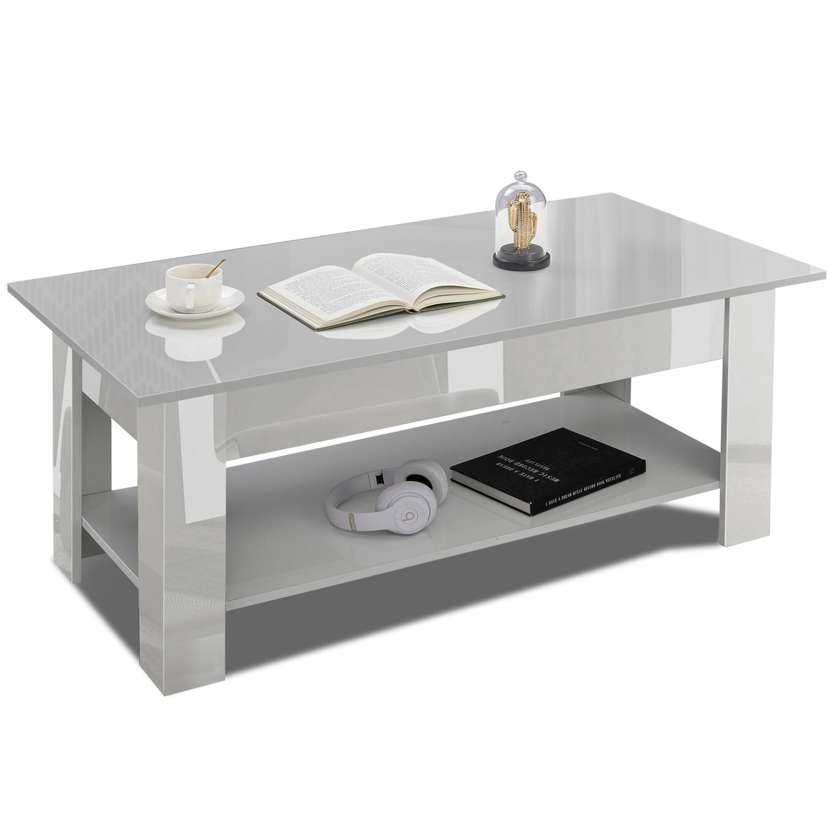 High gloss lift top coffee table with hidden storage shelf in modern grey finish, featuring open shelf with books and headphones for living rooms UK.