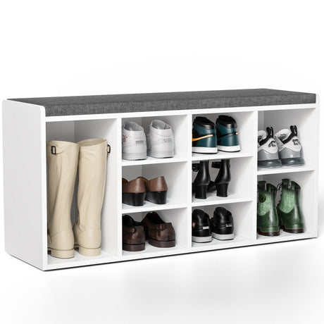 Hallway shoe storage bench with cushion and adjustable shelves in white finish, featuring 9 compartments for organized shoe storage.