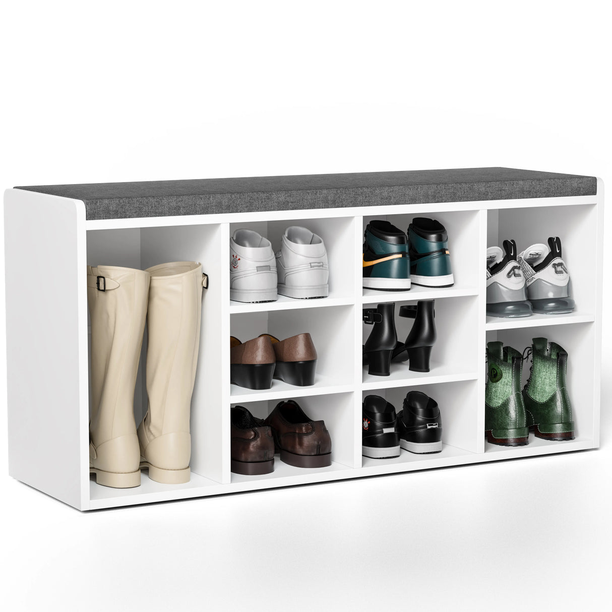 Hallway shoe storage bench with cushion and adjustable shelves in white finish, featuring 9 compartments for organized shoe storage.