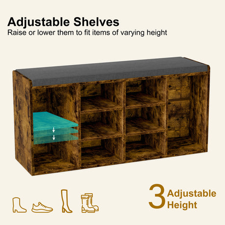 Hallway shoe storage bench with cushion and adjustable shelves for boots, sneakers, and heels. Ideal entryway bench with storage functionality.