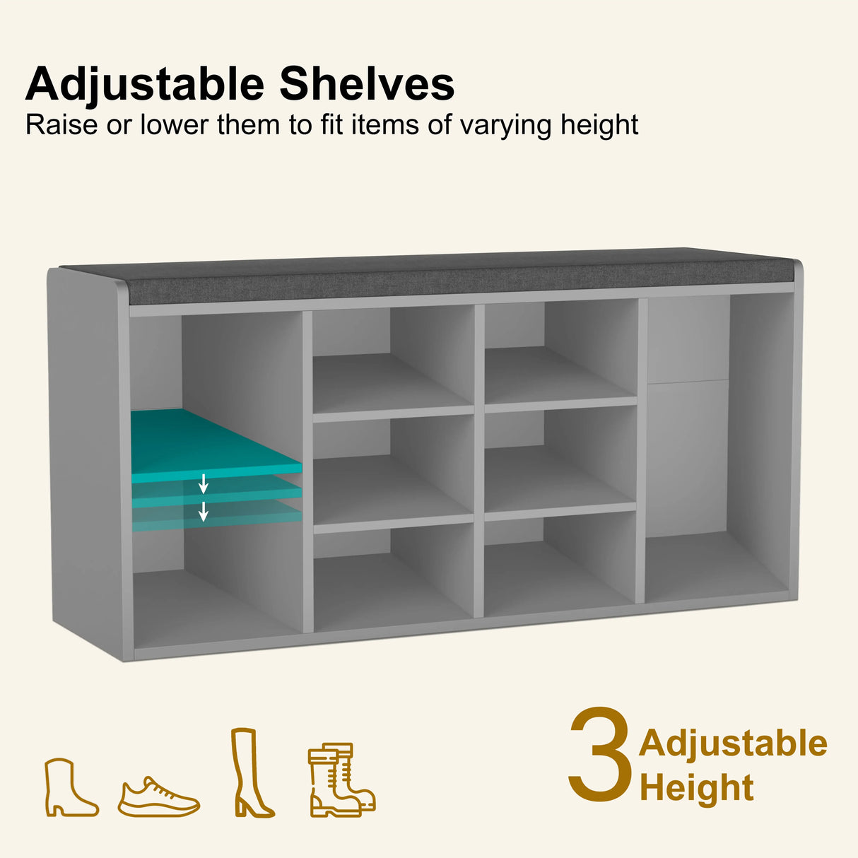 Hallway Shoe Storage Bench With Cushion & Adjustable Shelves featuring 3 adjustable shelf heights for boots, heels, and sneakers. Ideal for organized entryways.
