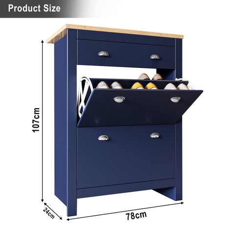 Blue small shoe cabinet with storage dimensions: width 78 cm, depth 24 cm, and height 107cm.