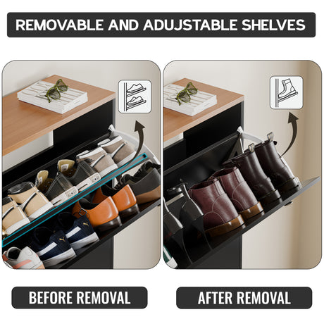 Black slim shoe cabinet showing internal drawer divider removed to fit high ankle boots, oak top, modern dual knobs.