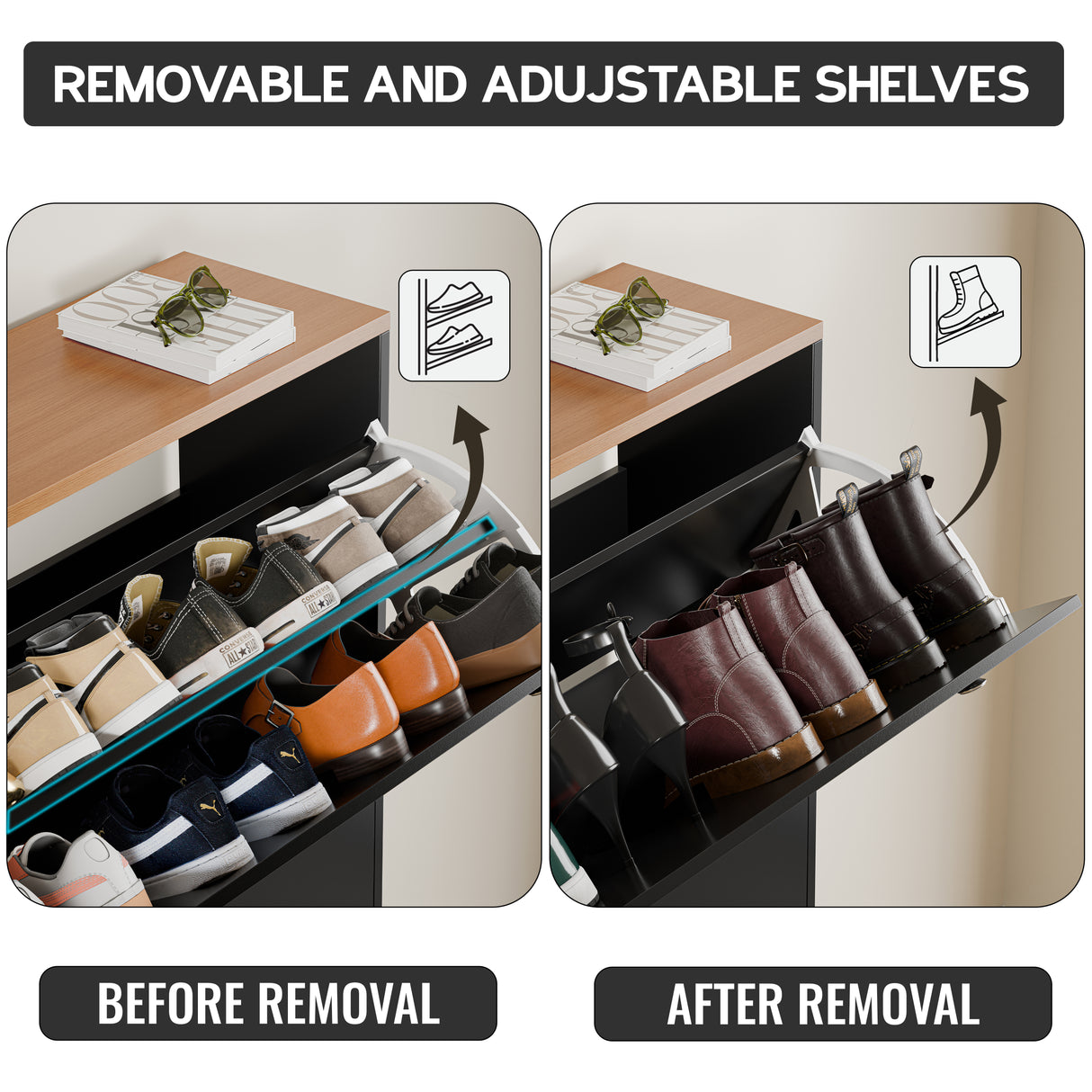 Black slim shoe cabinet showing internal drawer divider removed to fit high ankle boots, oak top, modern dual knobs.