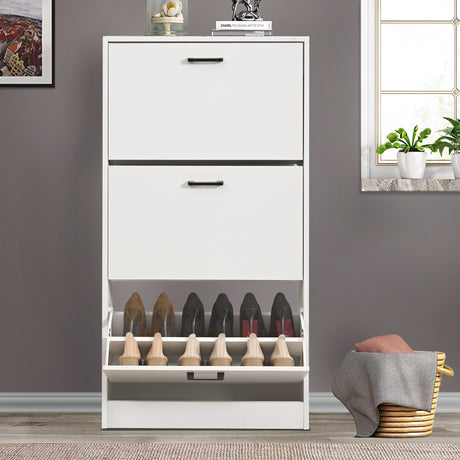 Shoe storage cabinet shown from a front angle, with the bottom drawer open to reveal 6 pairs of shoes.