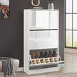 White gloss shoe cabinet with three pull down drawers and soft reflective surface capturing the living room furniture.