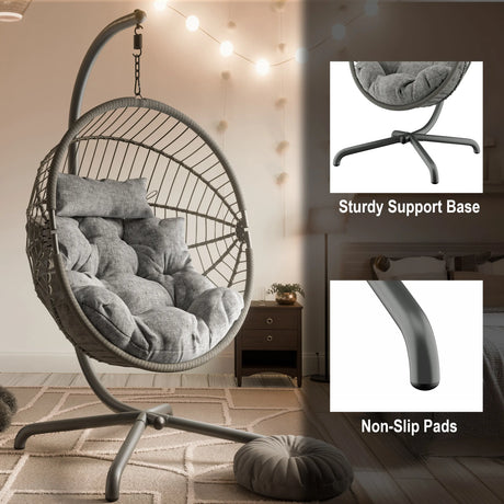Grey hanging egg chair with sturdy support base and non-slip pads for added stability and comfort.