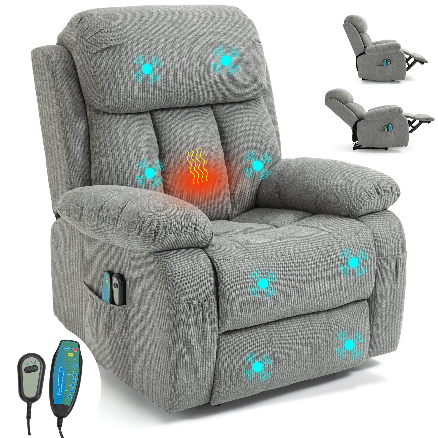 Stylish grey fabric recliner chairs with cup holder, heat, and massage functions for comfort