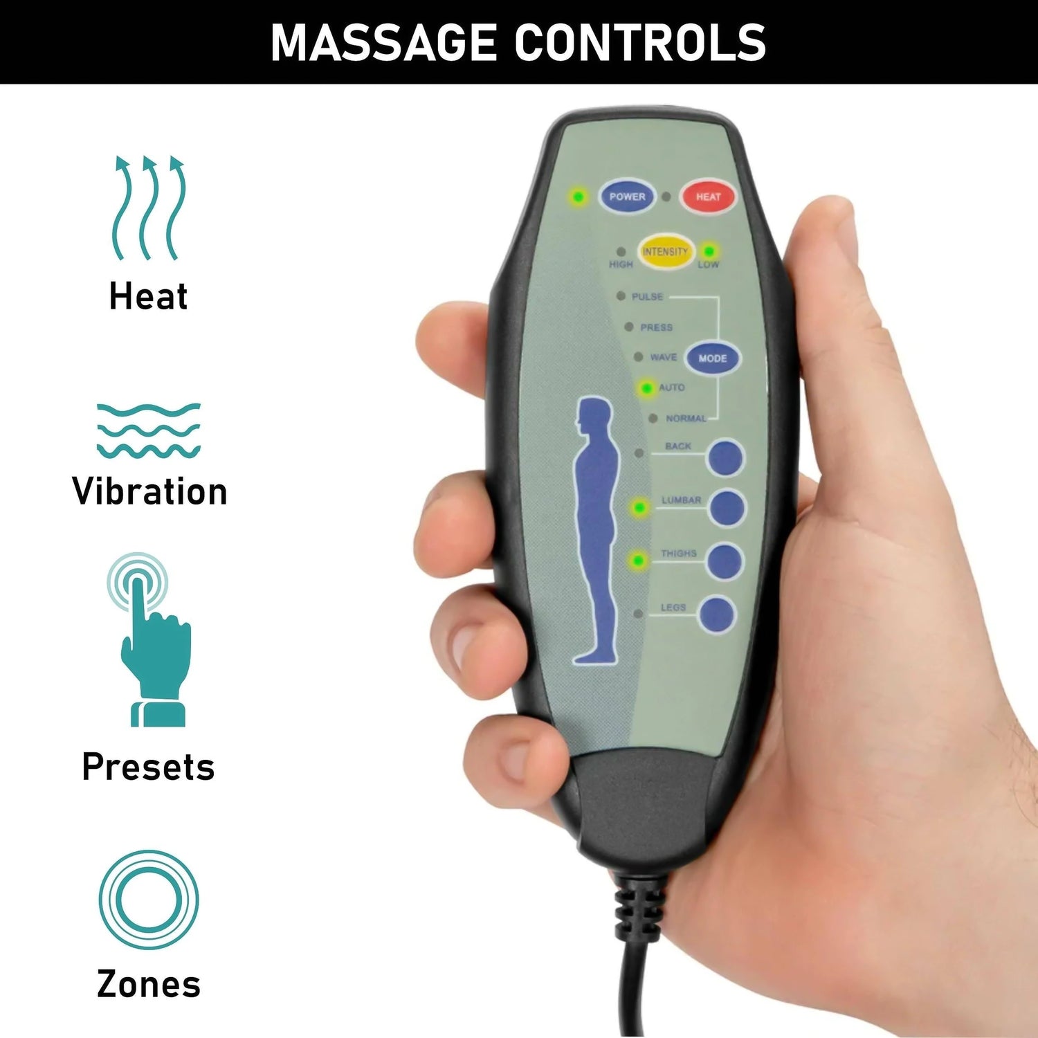 Hand holding a massage control device with icons for heat, vibration, presets, and zones on a white background.