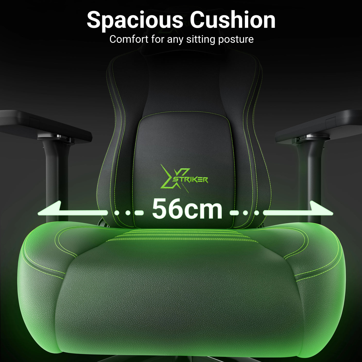 Black gaming chair with 'XStriker' branding and measurement of 56cm cushion width on a dark background.