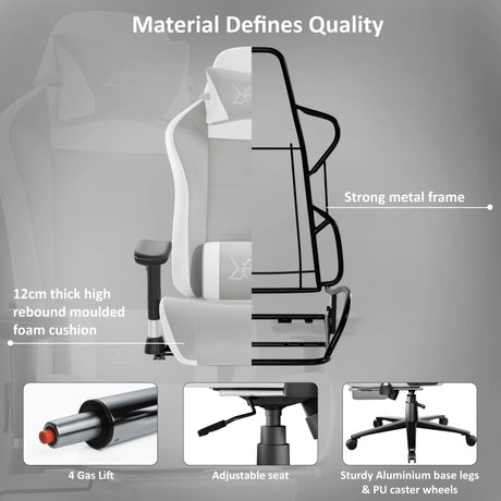 Ergonomic chair with highlighted features on a gray background