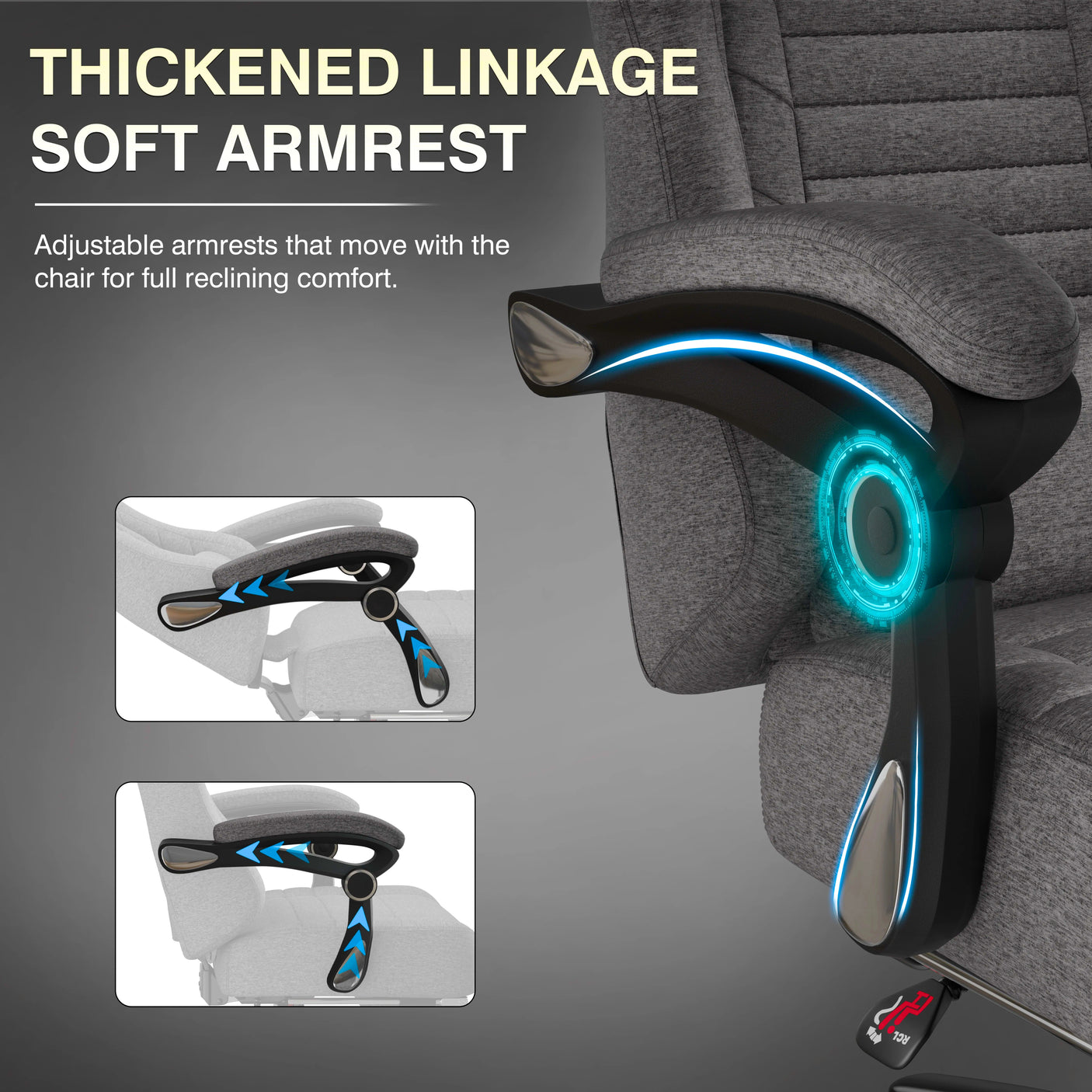 Chair armrest with thick linkage and soft finish, adjustable for reclining comfort.