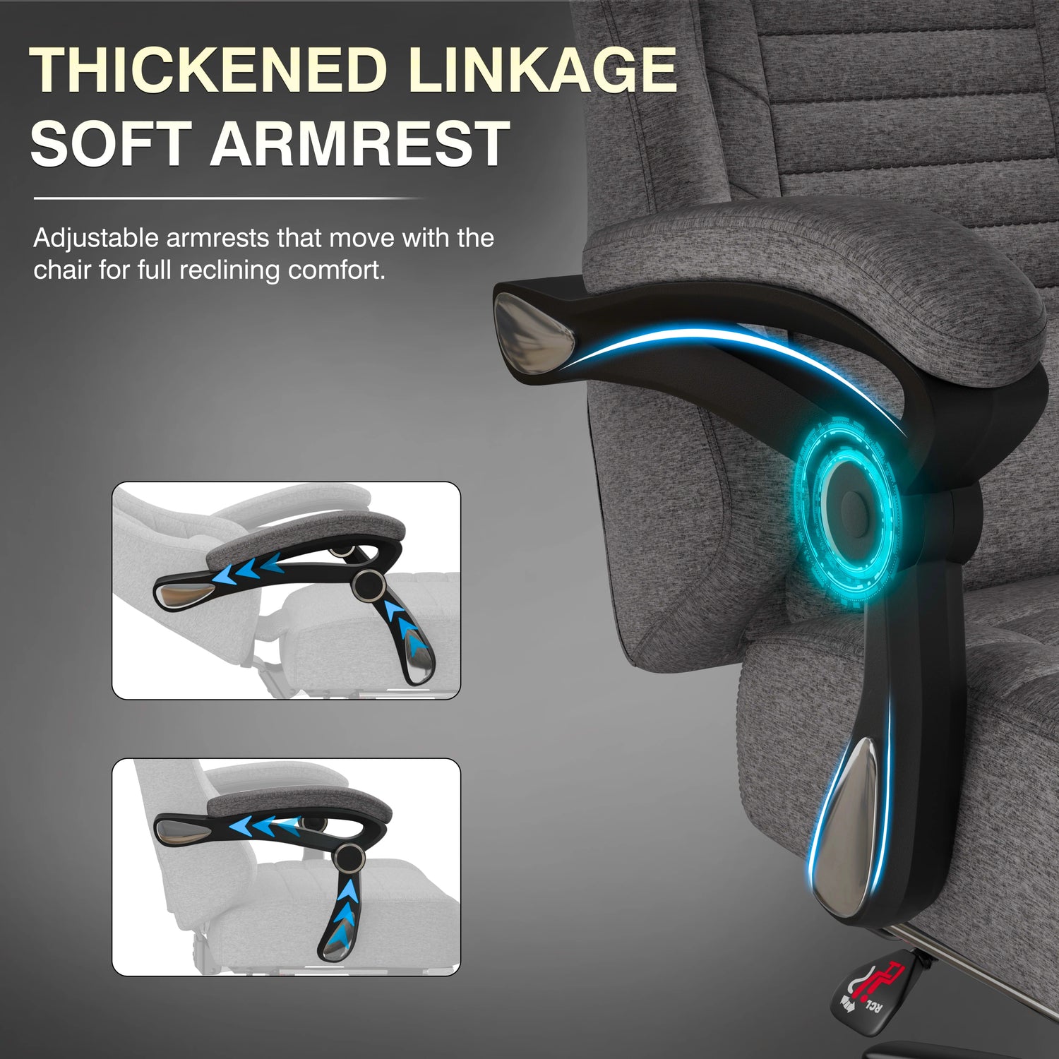 Chair armrest with thick linkage and soft finish, adjustable for reclining comfort.