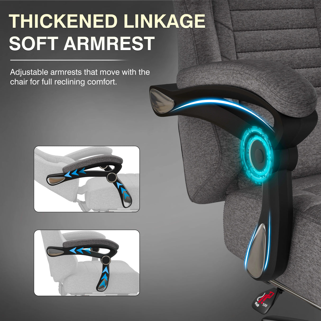 Chair armrest with thick linkage and soft finish, adjustable for reclining comfort.