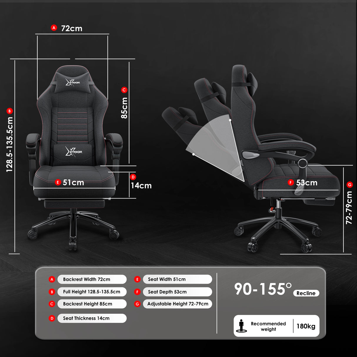 Gaming chair with dimensions and features displayed on a dark background