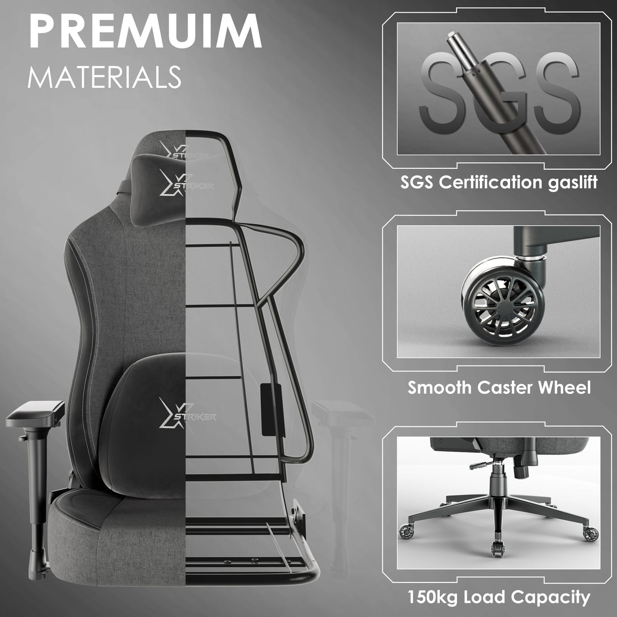 Xstriker Ergonomic Fabric Gaming Chair with 4D armrest, SGS-certified gaslift, smooth caster wheels, and 150kg load capacity for adults.