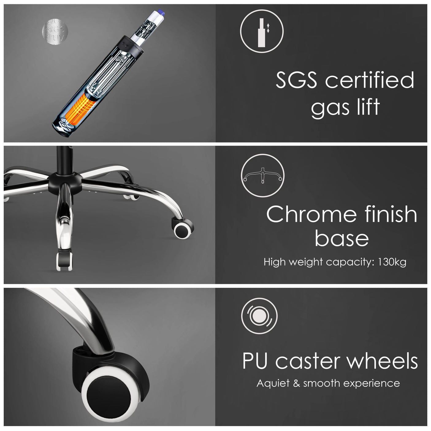 Xstriker office Chair With Footrest features an SGS certified gas lift for adjustable height and ergonomic support in home or office setups.