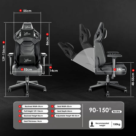 Xstriker Gaming Chair with ergonomic racing design, 4D armrests, 90-150° recline, and adjustable height for optimal comfort and support.