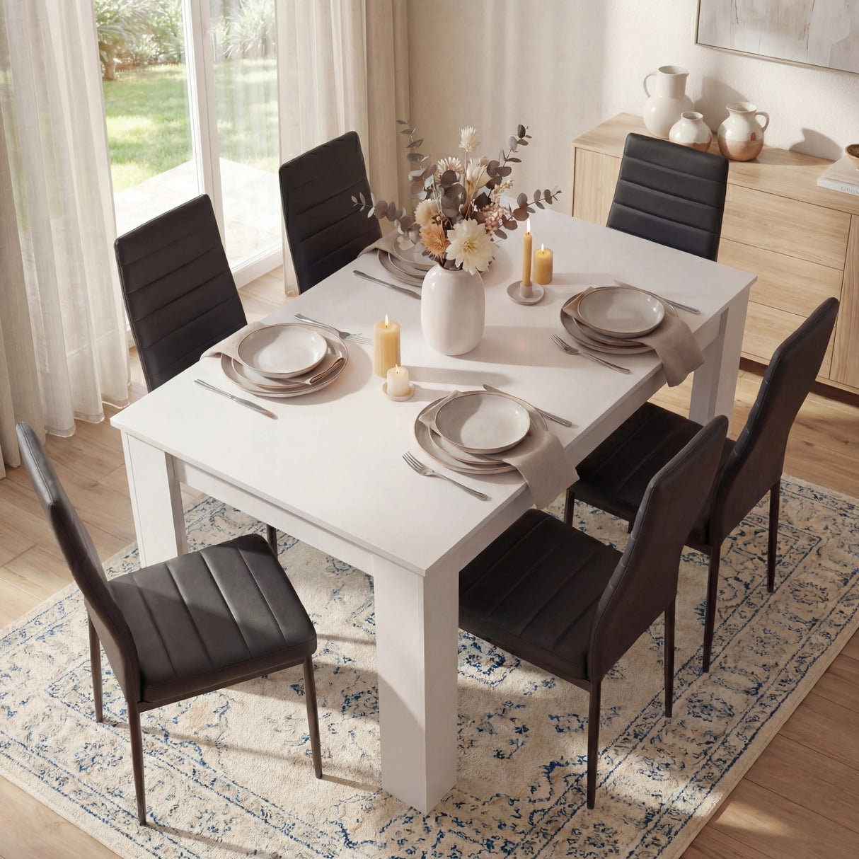 Top view of white dining table with black PU leather chairs set for 6. A stylish and space-efficient dining furniture solution.