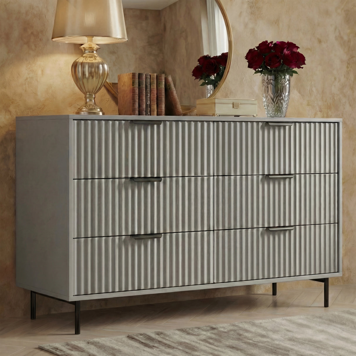 Flutrina Painted Wide Chest of 6 Drawers Bedroom Dresser