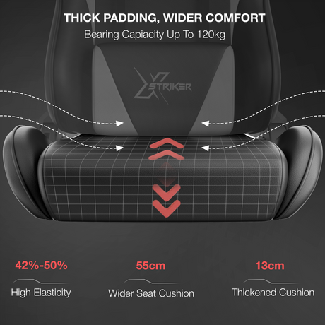 Chair seat cover with XStriker branding and padding details on a dark background