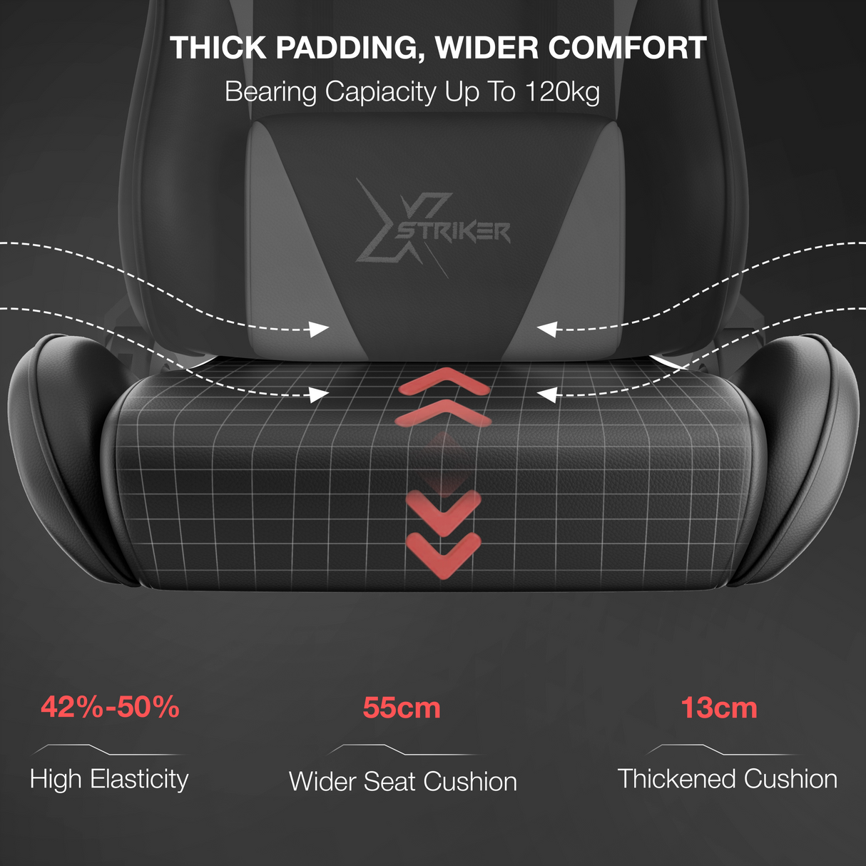 Chair seat cover with XStriker branding and padding details on a dark background