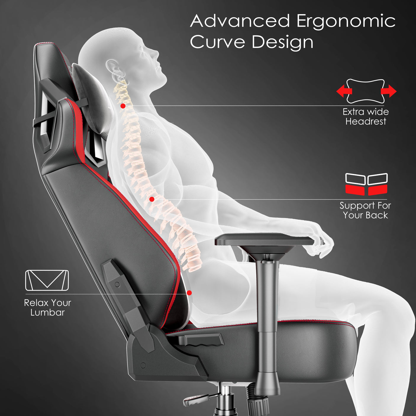 Xstriker Gaming Chair with ergonomic racing design, 4D armrest, lumbar support, and extra wide headrest for back comfort. Ideal for long gaming sessions.