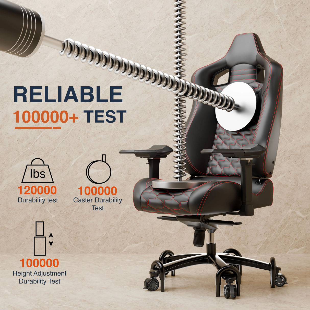 Ergonomic chair with durability testing graphics on a beige background