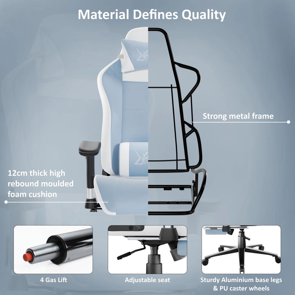 Ergonomic chair with highlighted features on a gray background