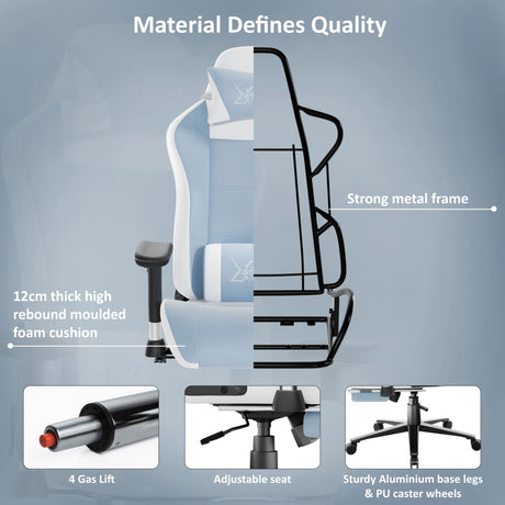 Ergonomic chair with highlighted features on a gray background