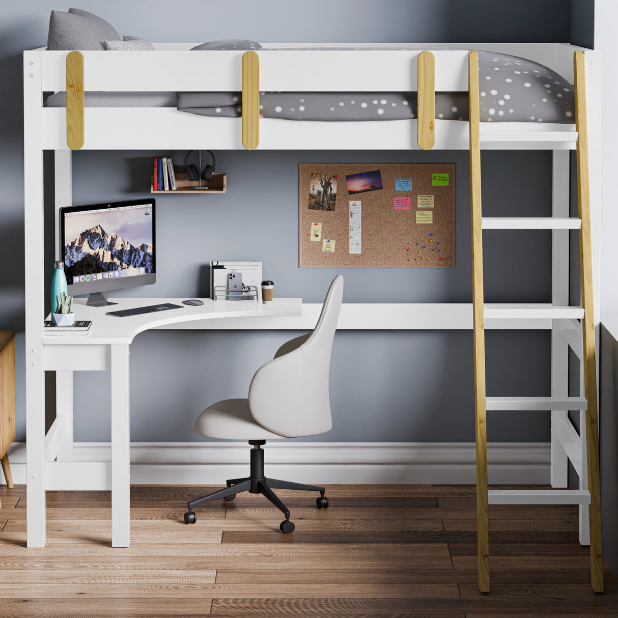 front view of modern white high bed with a built-in desk underneath, placed against a wall