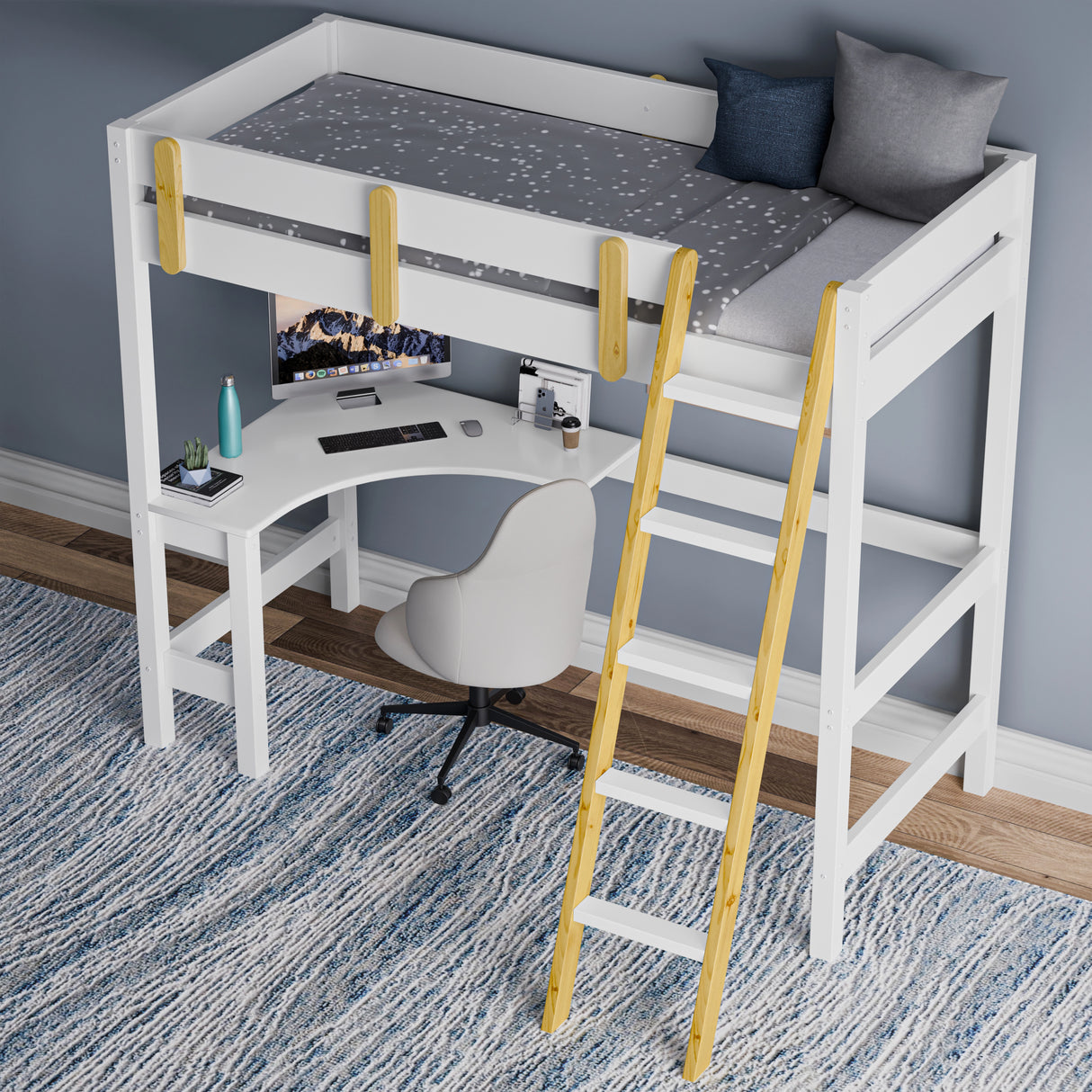 White high bunk bed with desk underneath and wooden ladder placed against a wall on a blue patterned rug